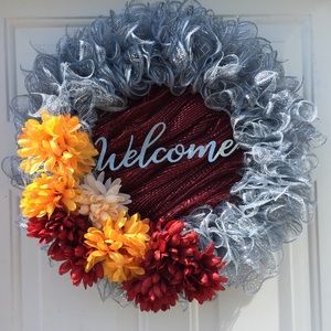 Handmade burgundy and gray wreath